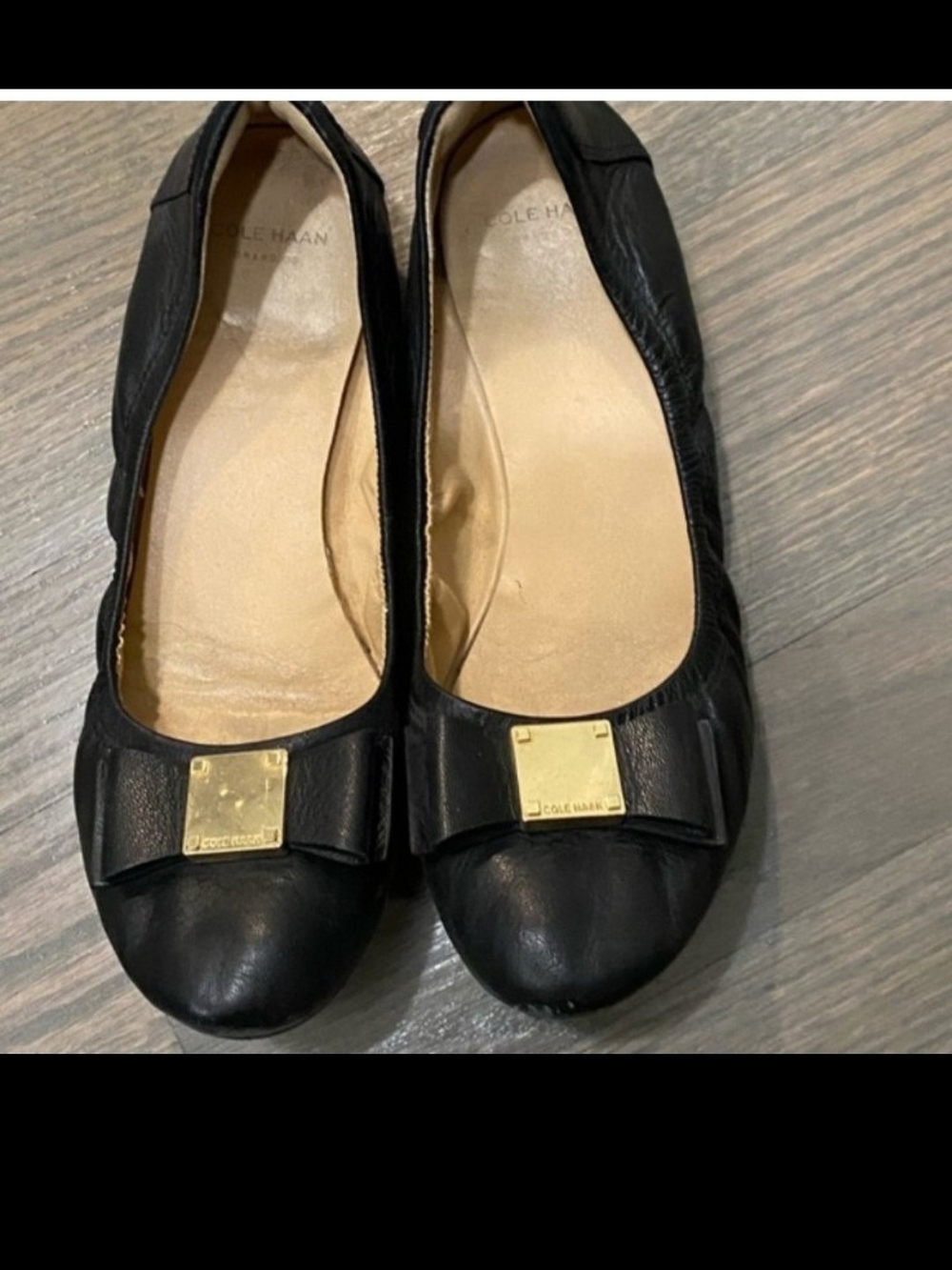 Cole Haan Black Leather Bow Flats with Gold Plaque Tali Size 9B